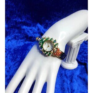 vintage womens fashion gold tone christmas tree face quartz watch
